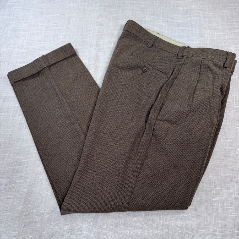 VTG Polo Ralph Lauren Trousers Men 36x32 Brown Herringbone Cotton Pants Preppy